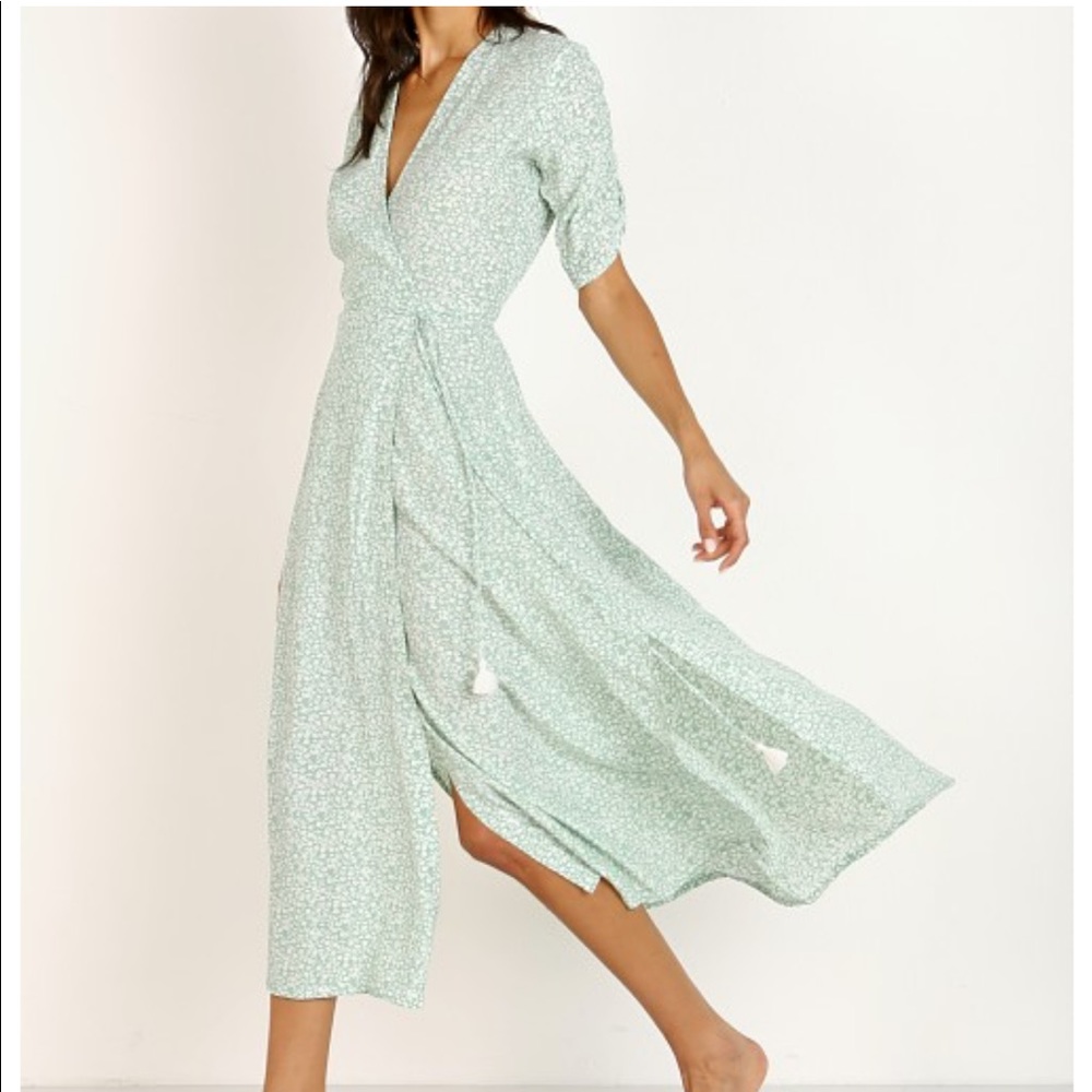 Faithfull the Brand Mint Green Floral Midi Wrap Dress